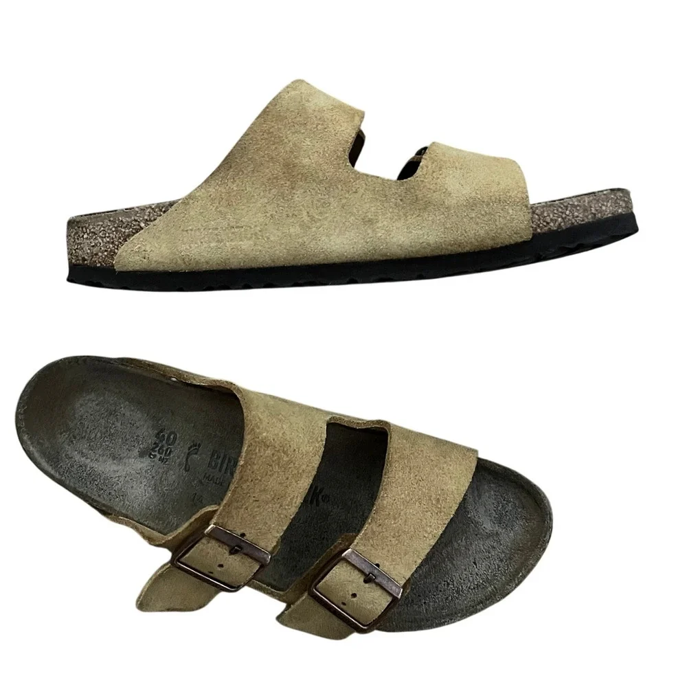 Birkenstock Arizona Taupe Suede Leather Sandals Size 40 Narrow Women 9 Men 7